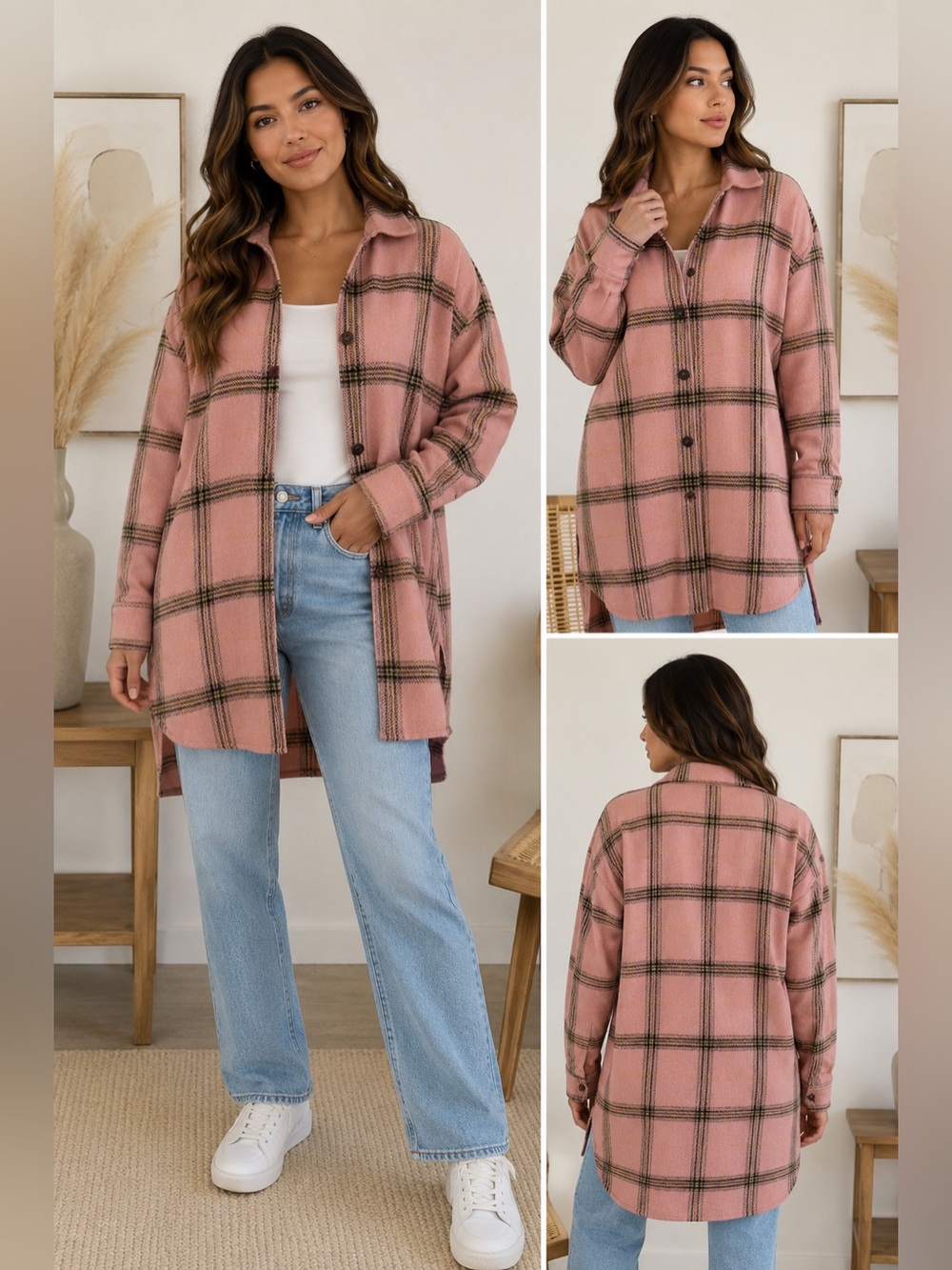 Pink Plaid Shacket Coat XS Lightweight Trench Style Button Front Layer